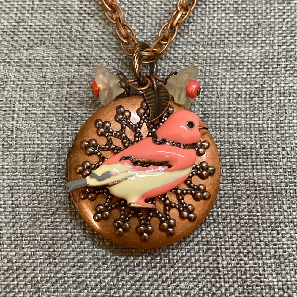 Vintage Enamel Bird Locket Necklace Copper Tone